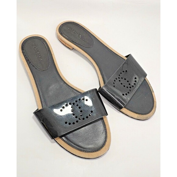 Chanel Black Rubber Slide Sandals w/ Laser Cut CC Logo Vintage Y2K Sz EU 38.5C - Picture 2 of 11